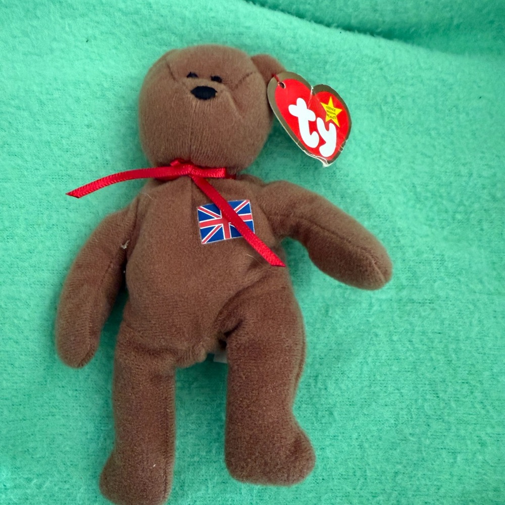 Ty Brown Bear Plush with Red Ribbon and Union Jack